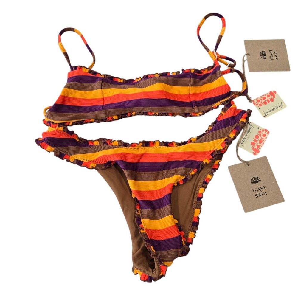 Free‎ People x Toast Exclusive Frill Stripe Bikini SET Swimsuit NWT Boho Beach